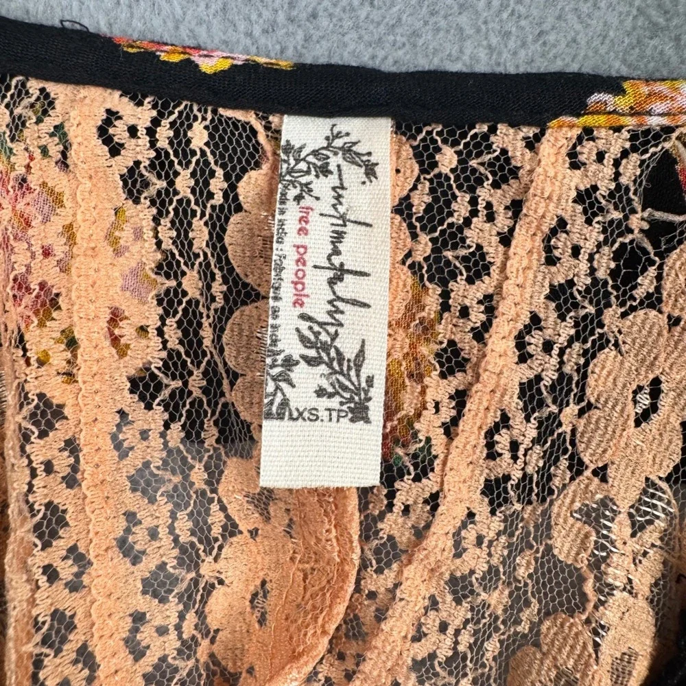 Intimately Free People Floral Lace Ruffle Bodysuit Black Orange XS Long Sleeve